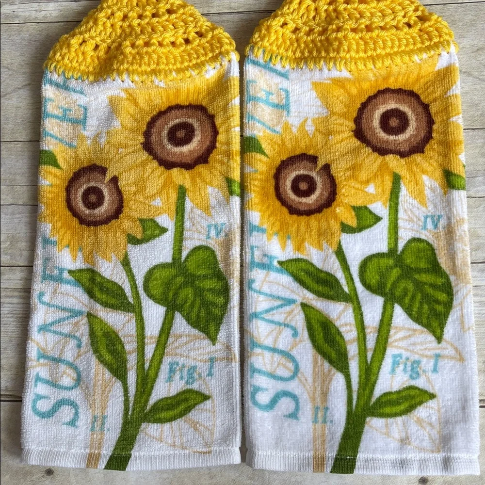 Big Sunflowers Hanging HandTowels Set of 2 Yellow Top Handmade W/ Love